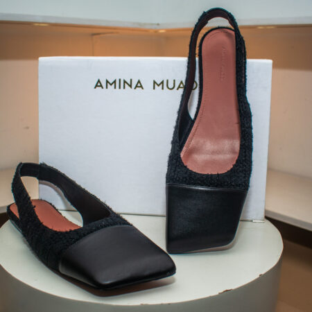 Amina Muaddi Ane Leather and Tweed Slingback Ballet Flats.