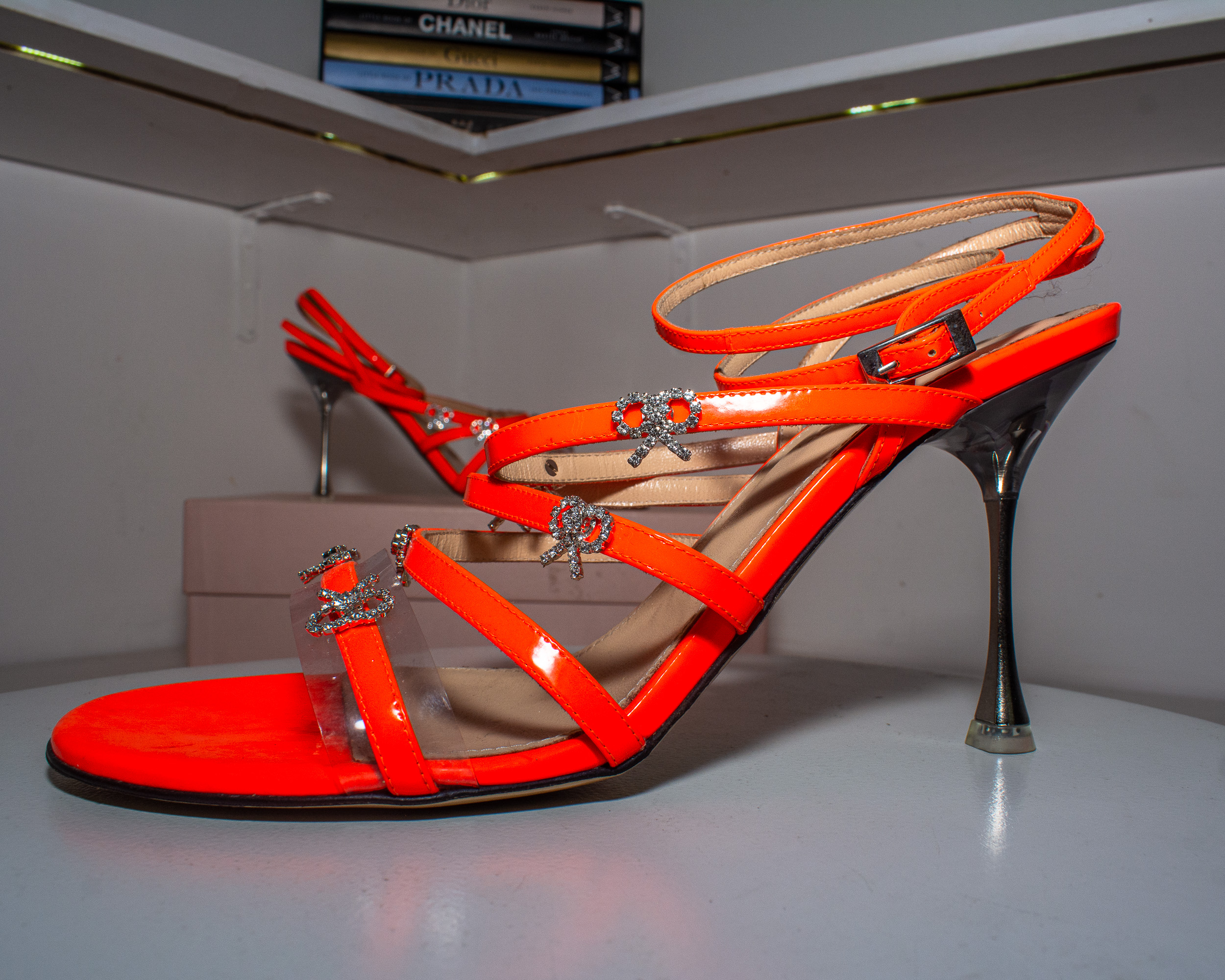 Mach & Mach Neon Orange Patent Leather Camille Crystal Bow Sandal. - Image 2