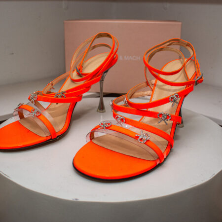 Mach & Mach Neon Orange Patent Leather Camille Crystal Bow Sandal.