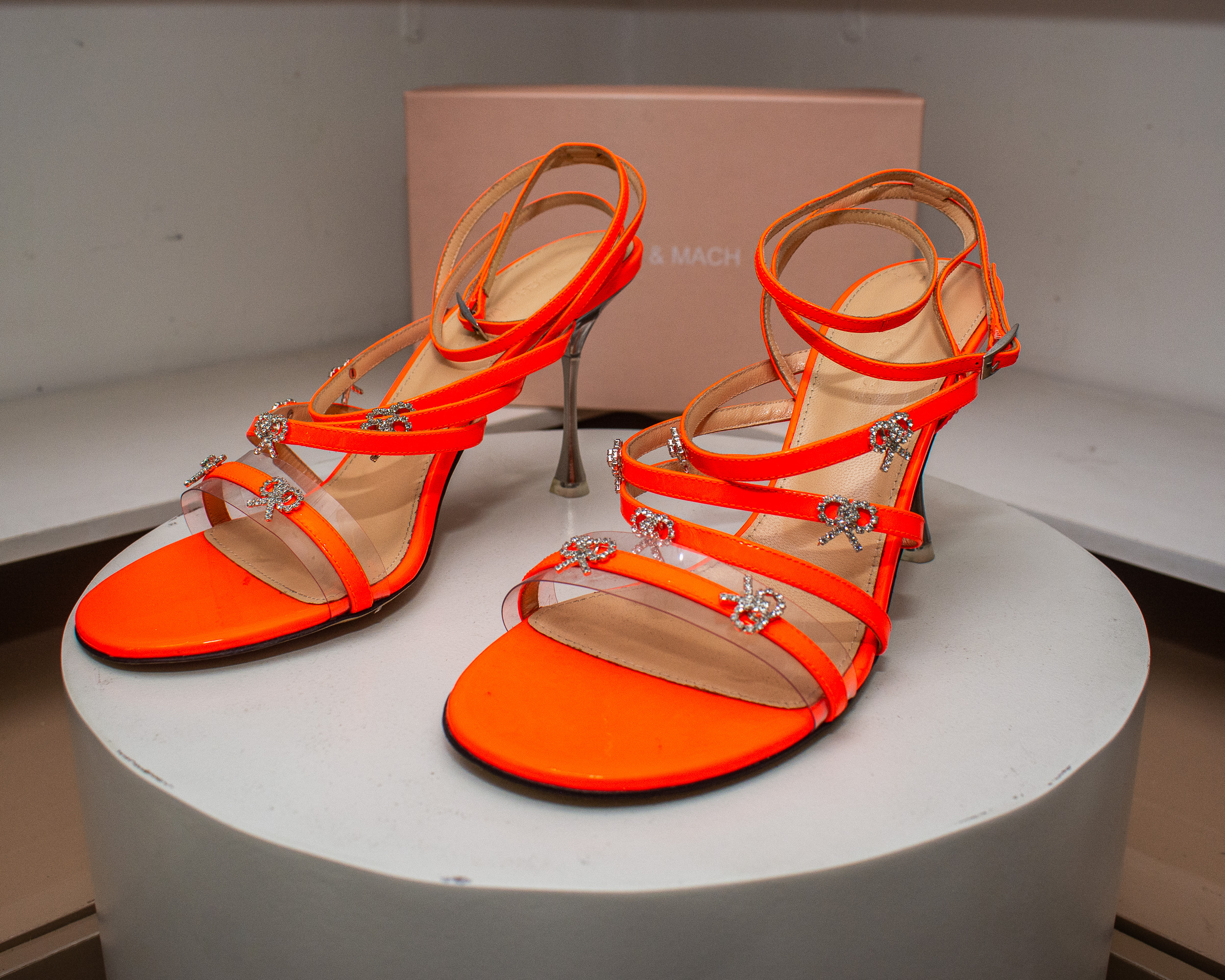 Mach & Mach Neon Orange Patent Leather Camille Crystal Bow Sandal.