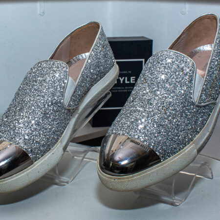 Miu Miu Silver Glitter Metal Cap-Toe Slip-On Sneakers.